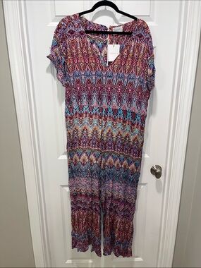 NEW COMPANIA FANTASTICA short sleeve cotton twill jumpsuit multicolor art deco